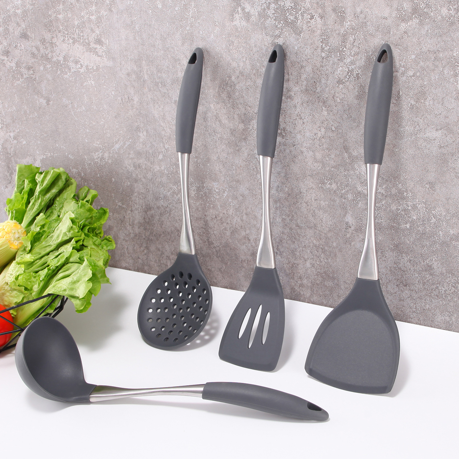 Küchenhelfer-set Aus Silikon Mit Edelstahlgriffen – Grauer Pfannenwender, Löffel Und Schöpfkellen Für Antihaftbeschichtete Pfannen – X-x