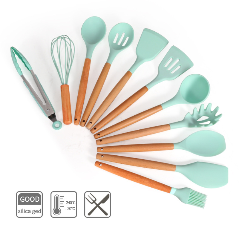 11-teiliges Küchenhelfer-set Aus Silikon Mit Mehrfarbigen Holzgriffen – Antihaft-pfannenwender Und Hitzebeständiges Zubehör – Komplettes Set Für Töpfe Und Pfannen-x
