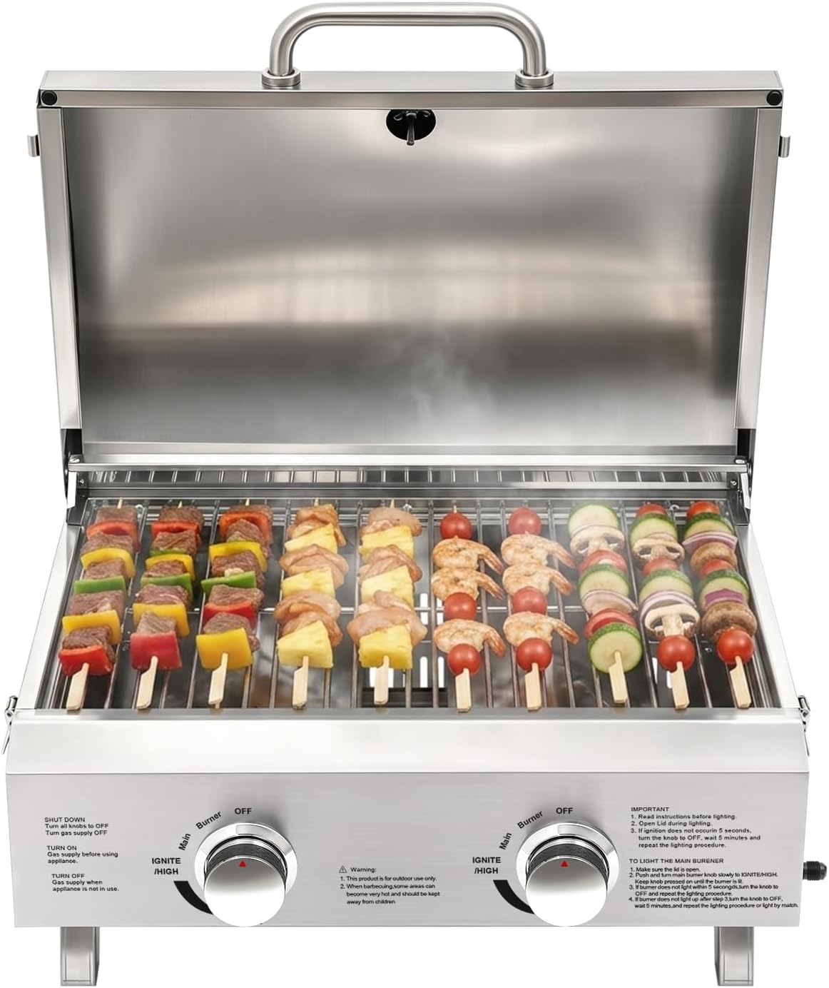 Tisch-gasgrill Mit 2 Brennern Aus Edelstahl – Tragbarer Gasgrill Mit Thermometer – Piezo-zündung – Klappbare Standfüße Für Balkon, Garten, Camping, Grillpartys Und Picknicks