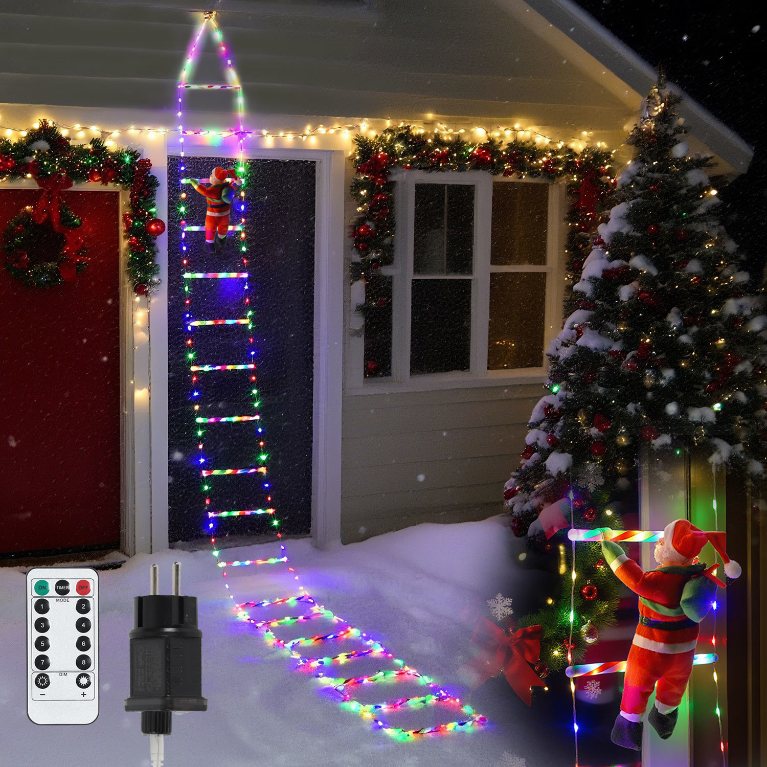 Tolletour Led Weihnachtsmann Leiter 3 M, 338 Leds, 8 Lichtmodi, Fernbedienung, Timer, Mehrfarbig