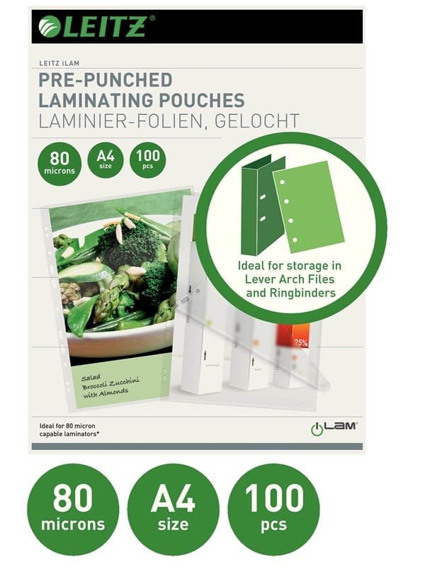 LEITZ 16918 - Laminierfolien, iLAM, DIN A4, 80 mic, gelocht, 100 Stück
