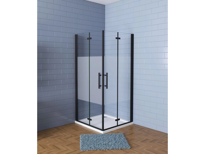 Aica Eckeinstieg 80x76x195cm 6mm Esg Milchglas Nano Schwarz Falttür Eckdusche Pendeltür Scharniertür Duschkabine Duschabtrennung