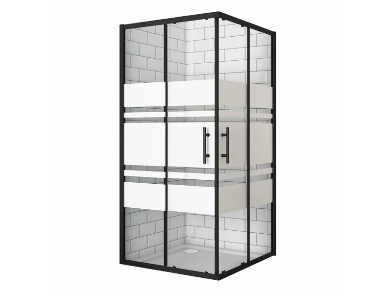 Aica Eckeinstieg 90x90x195cm 6mm Esg Mit Blickdichten Weißen Querstreifen Schwarz Schiebetür Eckdusche Pendeltür Duschkabine Duschabtrennung