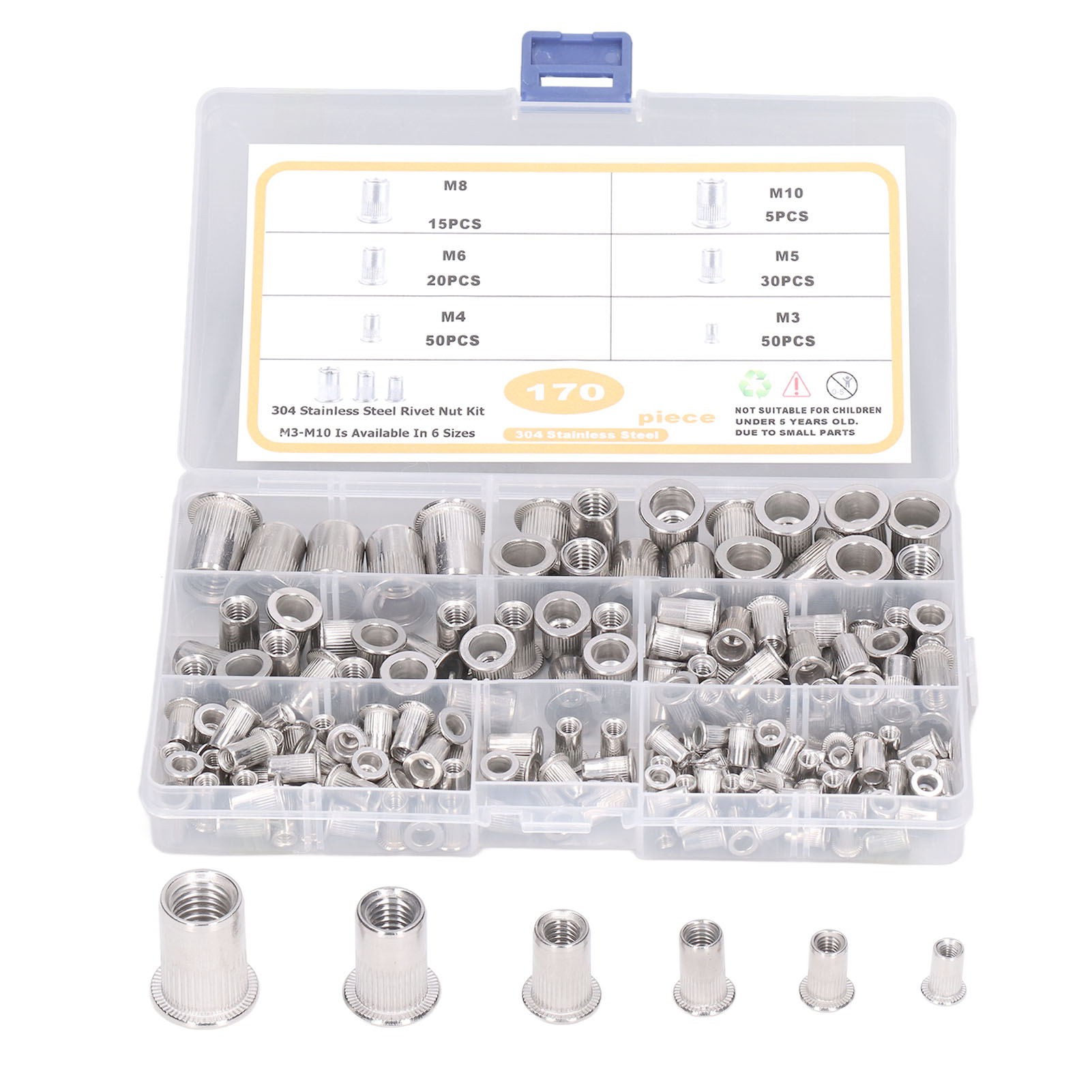 170 Pièces Acier Inoxydable Rivet Écrou Outil Plat Tête Filetée Rivet Nutsert Cap Assortiment Kit M3 M4 M5 M6 M8 M10 Types Écrous