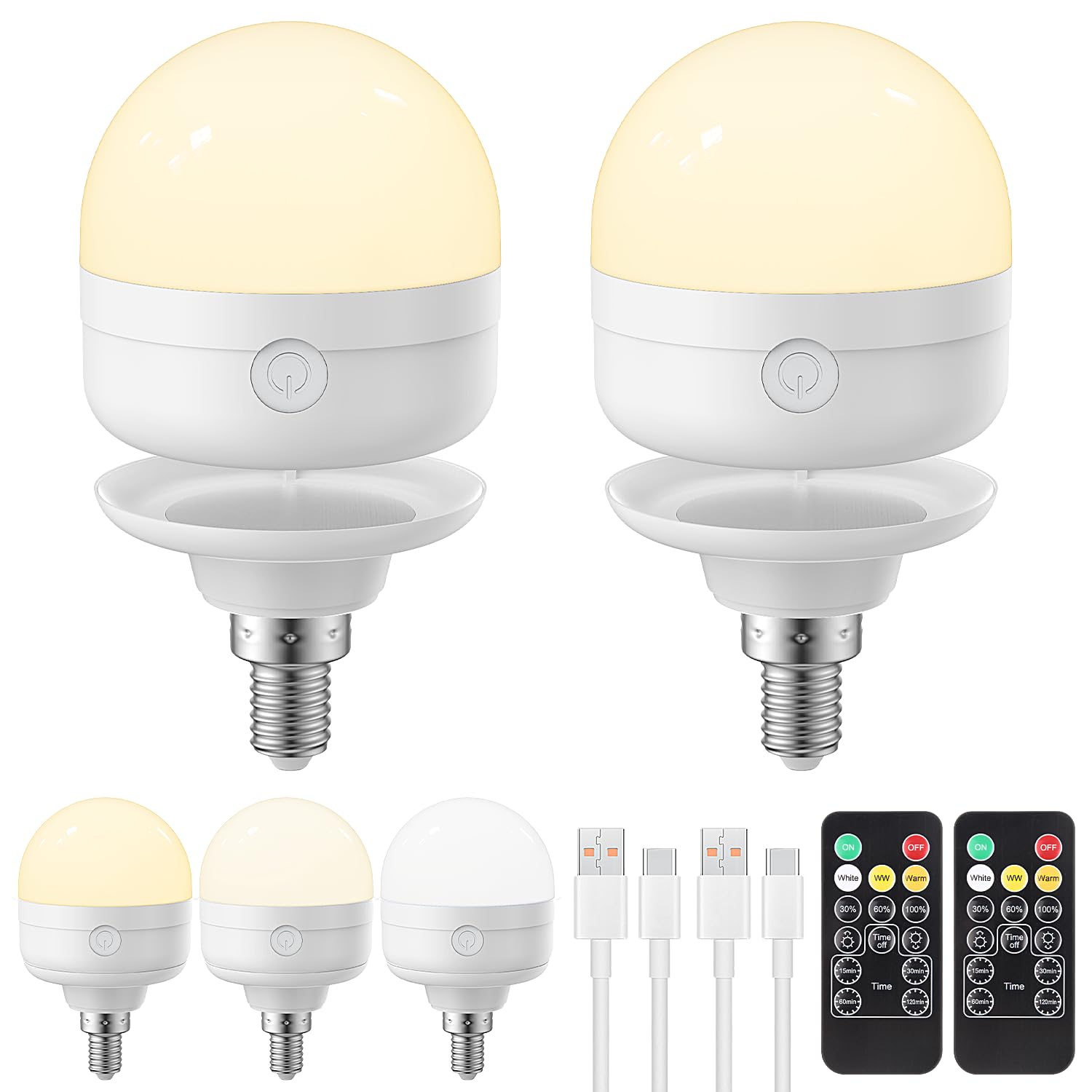 Lot De 2 Ampoules Led Rechargeables Usb-c Avec Télécommande, 3 Couleurs À Intensité Variable, Batterie Incluse, 6 W, Commande Tactile Avec Fonction Minuteur