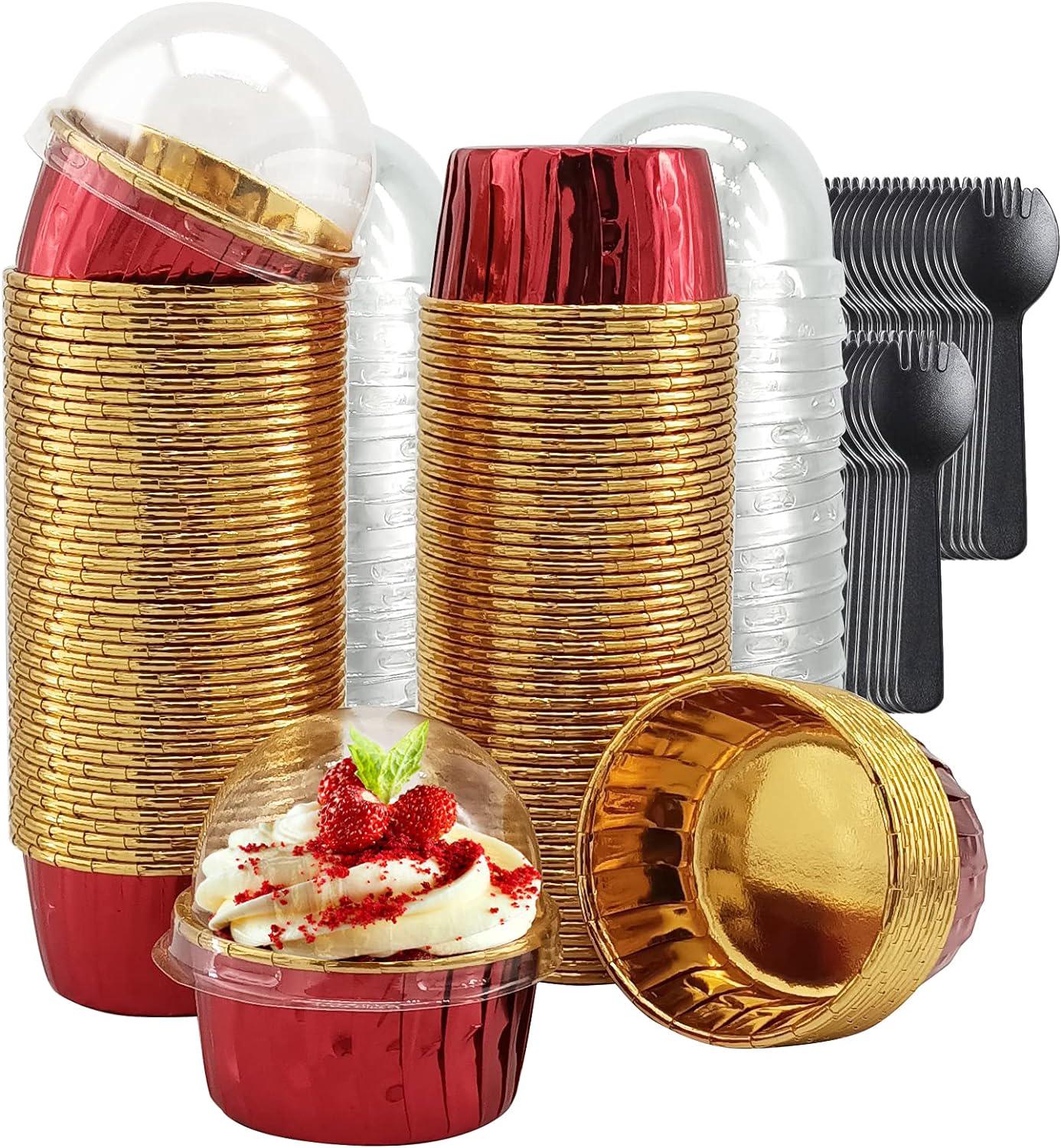 Lot De 100 Caissettes À Cupcakes Avec Couvercles Bombés, Moules À Muffins En Aluminium De 147 G, Grands Moules À Cupcakes, Ramequins Pour Pudding Soufflé, Parfaits Pour Noël, Les Mariages Et Les Anniv