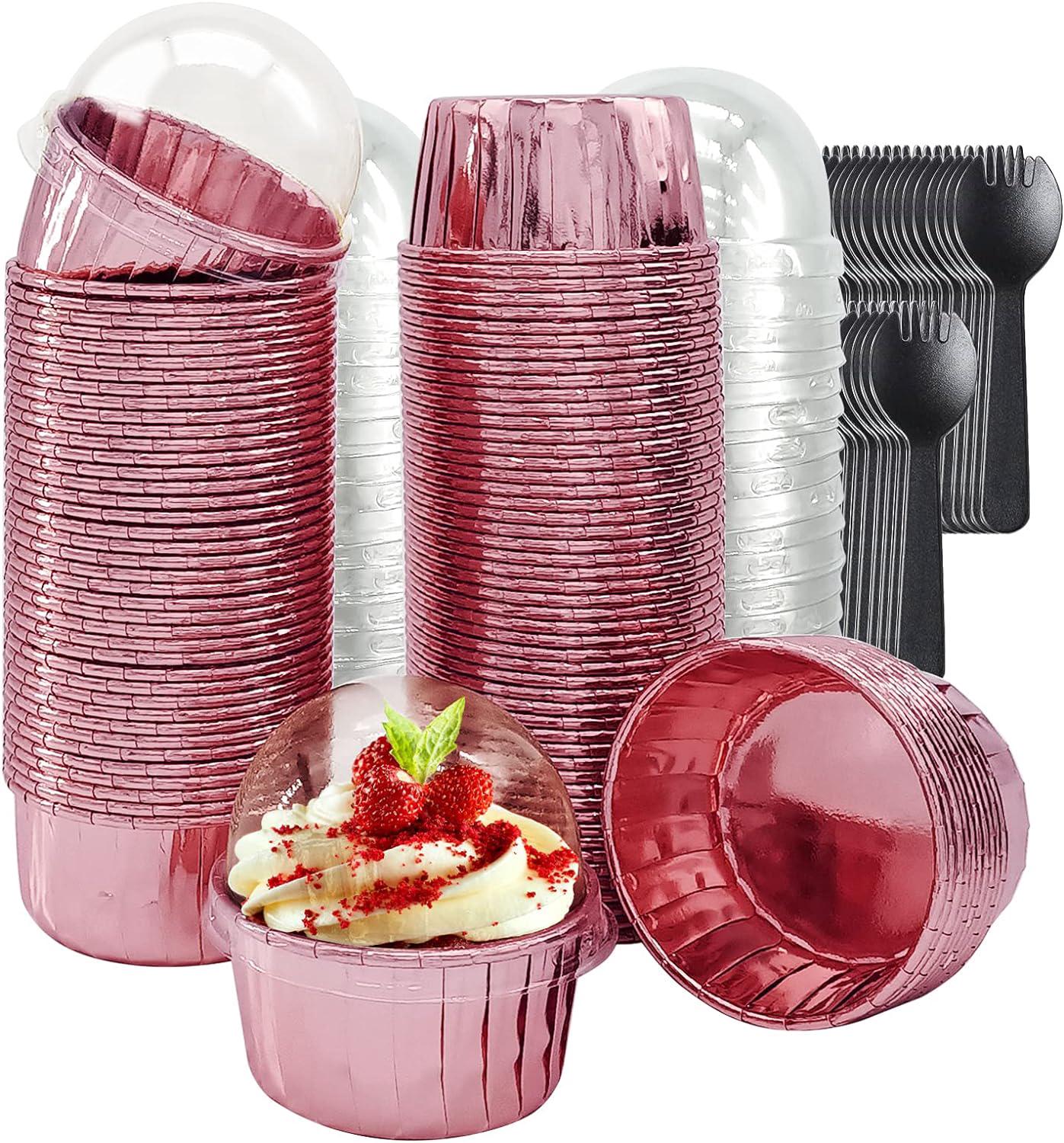 Lot De 100 Moules À Cupcakes En Aluminium Avec Couvercles, Grande Capacité (156 G), Moules À Muffins, Ramequins Jetables Avec Couvercles, Présentoirs Pour Cupcakes De Mariage, Avec Cuillères - Or Rose