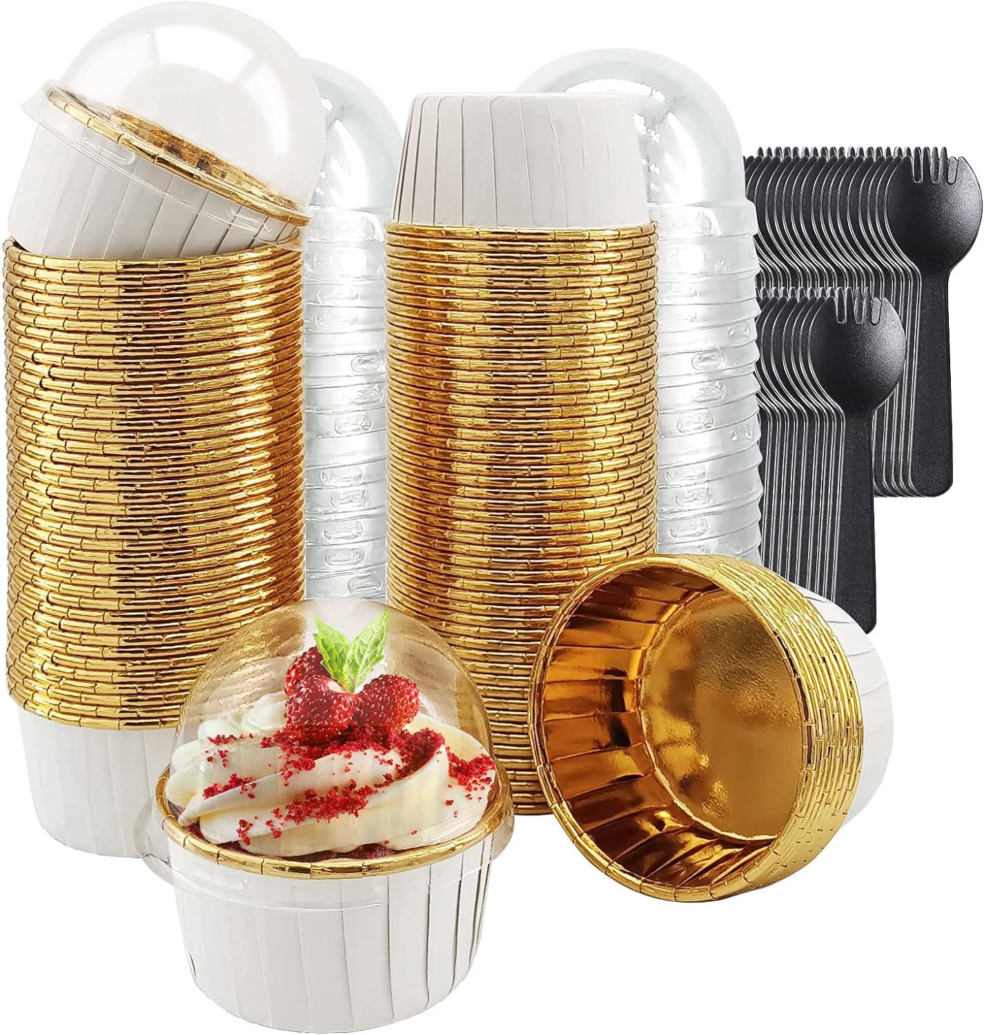 Lot De 100 Caissettes À Cupcakes Avec Couvercles Bombés, Moules À Cupcakes En Aluminium De 156 Ml (5,5 Oz), Moules À Muffins Jetables, Grands Supports À Cupcakes, Avec Cuillères - Blanc À Doré