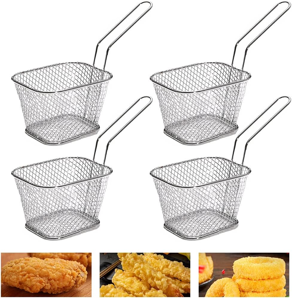 Lot De 4 Paniers À Frites Individuels Rectangulaires En Acier Inoxydable Avec Filtre À Crevettes.