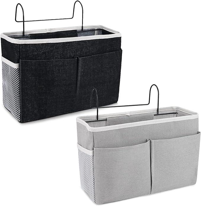 Organisateur De Chevet 2 Pièces, Sac De Chevet Suspendu, Panier De Rangement Imperméable Avec 3 Poches, Rideau Pour Lit Mezzanine (noir Et Gris)