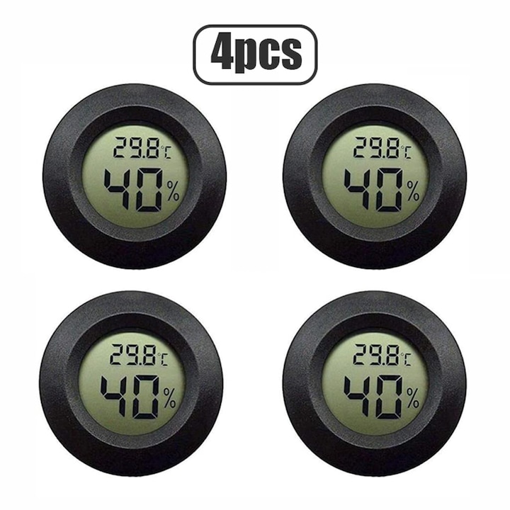 Set 4 Termometre Digitale Mini Lcd Rotund, Plastic, Higrometru Pentru Frigider, Negru, 1.5v