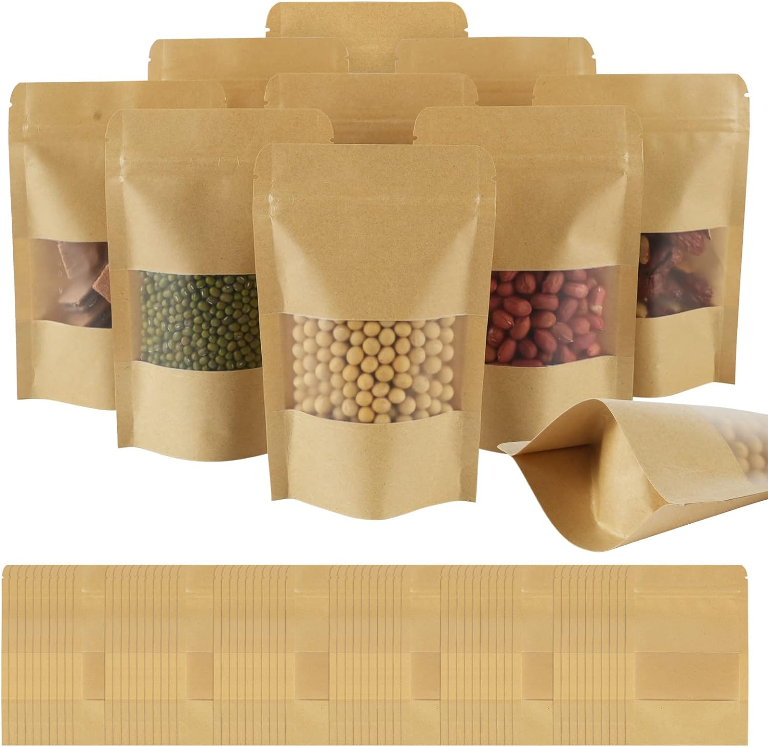 100 Sachets À Fond Plat, Sacs Kraft Avec Fenêtre, 9 X 14 Cm (3,5 X 5,5 Pouces), Sacs Bruns Refermables Avec Encoche De Déchirure