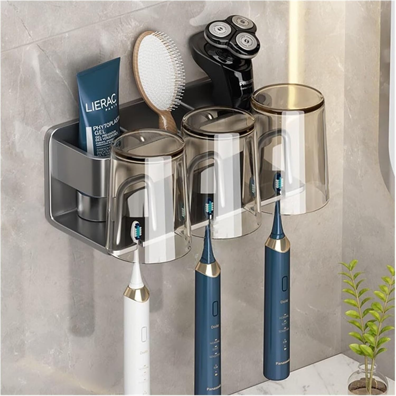 Porte-brosse À Dents Sans Perçage, Porte-brosse Mural Multifonction Avec Gobelet, Aluminium, Gris Foncé, Pour 3 Personnes, Avec Gobelet