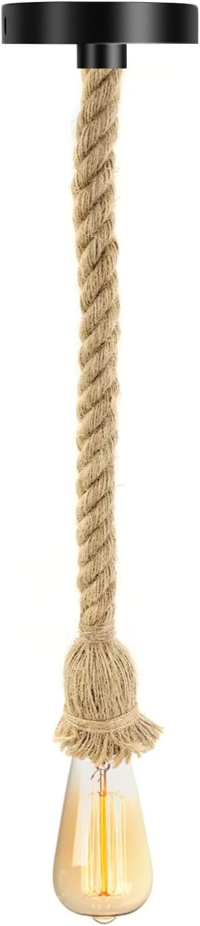 Groofoo E27 Rétro Lustre En Corde De Chanvre Lampe Suspensions Rétro Lustre Plafond Lampe En Corde De Chanvre Pr Bar Rope Cafe Stair Restaurant Studio -50cm (1-light)