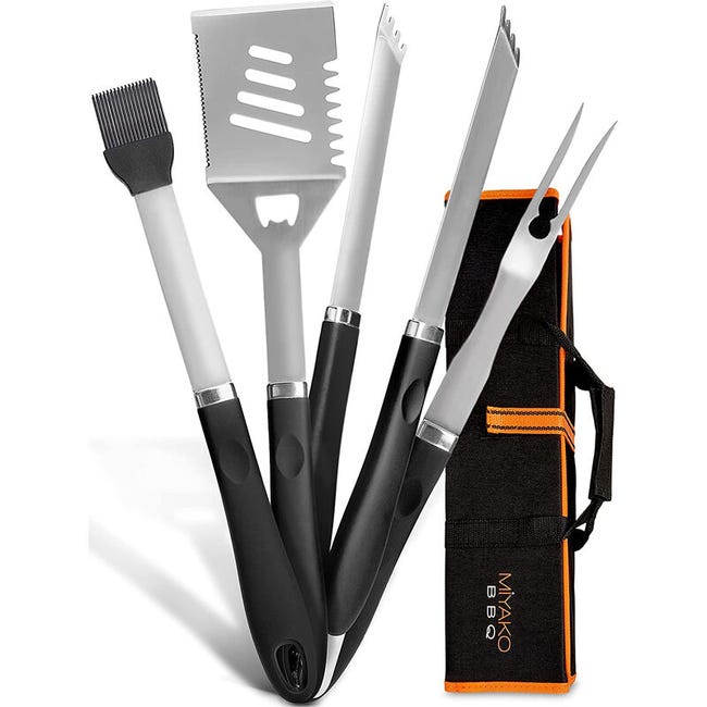 Set 5 Ustensiles De Barbecue Pince Fourchette Spatule Pinceau Sac Bbq Acier Inox