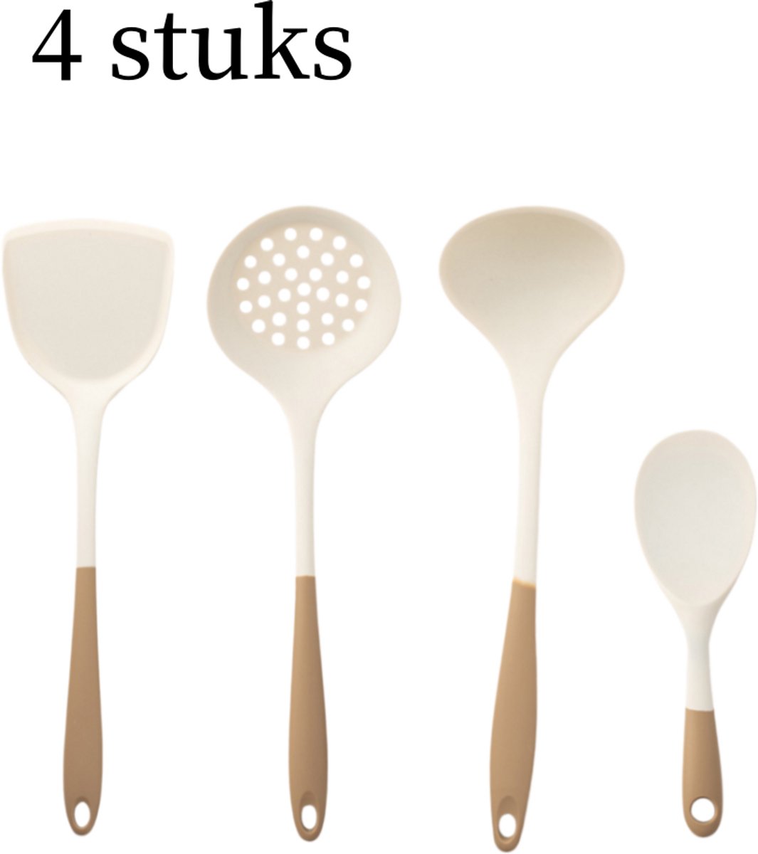 Ensemble De 4 Ustensiles De Cuisine En Silicone - Spatule, Cuillère À Égoutter, Louche Et Cuillère À Riz - Blanc Et Marron - Entièrement Recouvert De Silicone - Résistant À La Chaleur Et Adapté Aux Po