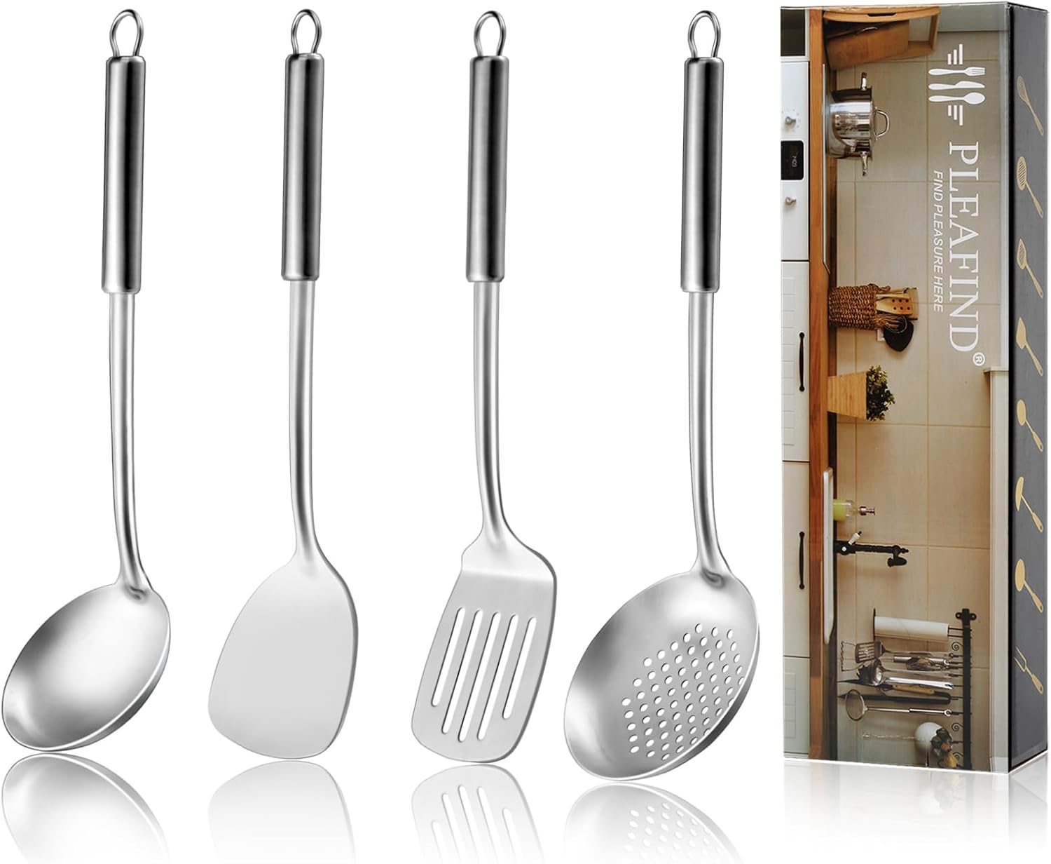 Ensemble De 4 Ustensiles De Cuisine En Acier Inoxydable Pleafind, Comprenant Une Cuillère À Wok, Une Cuillère À Égoutter, Une Spatule À Wok Et Une Spatule À Égoutter. Convient Pour