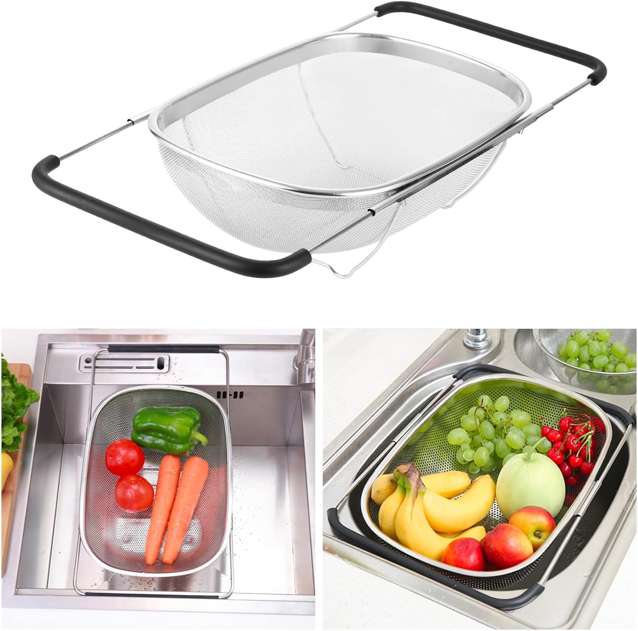 Passoire Evier Cuisine Inox Avec Panier À Mailles Fines Et Poignées Extensibles En Caoutchouc Retractable Passoire D'Évier Pour Égoutter Laver Les Fruits Et Légumes