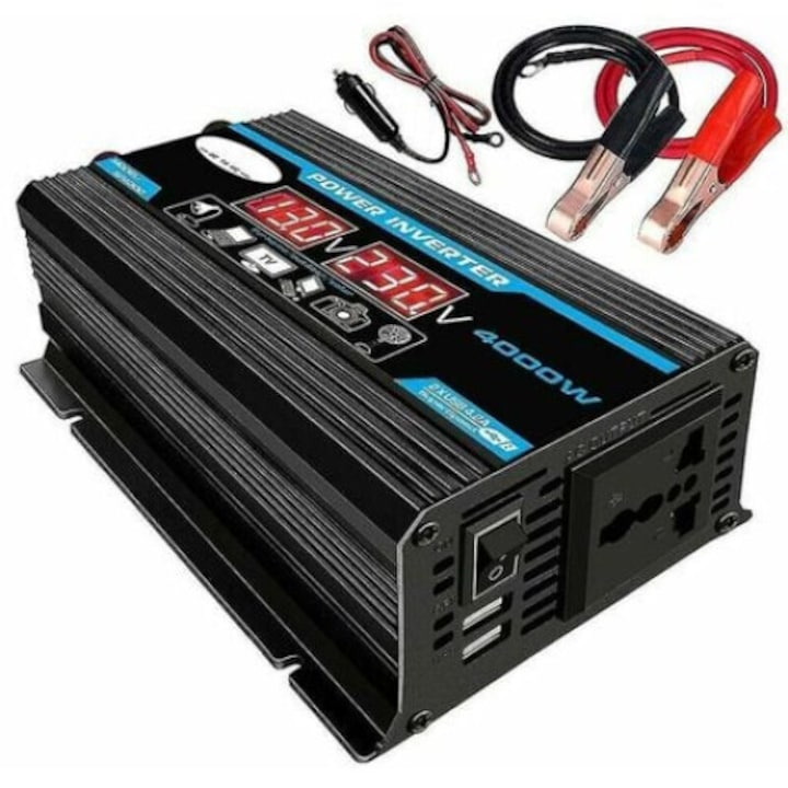 Invertor De Tensiune Unda Sinusoidala Pura Tovbmup, 2000w, 12v/24v-220v, 2 Prize Ac, Port Usb, Afisaj Led