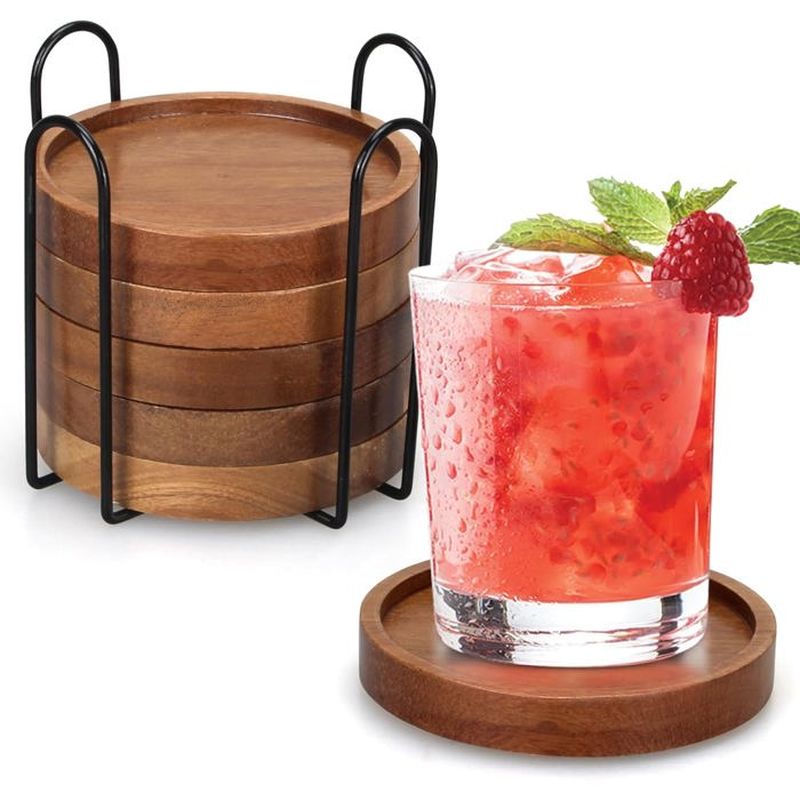 Lot De 6 Sous-verres En Bois D'Acacia Avec Support De Rangement Noir - Convient Pour Table Basse, Table À Manger Et Salle À Manger