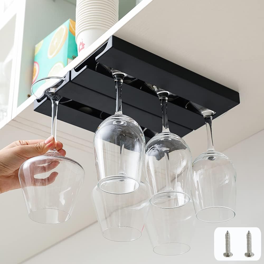 Pcs Plastic Wine Glass Rack With Screws (no Adhesive), Under Cabinet Wine Glass Holder, Glasses Storage Hanger Bar Kitchen Glasses Organizer. (black)