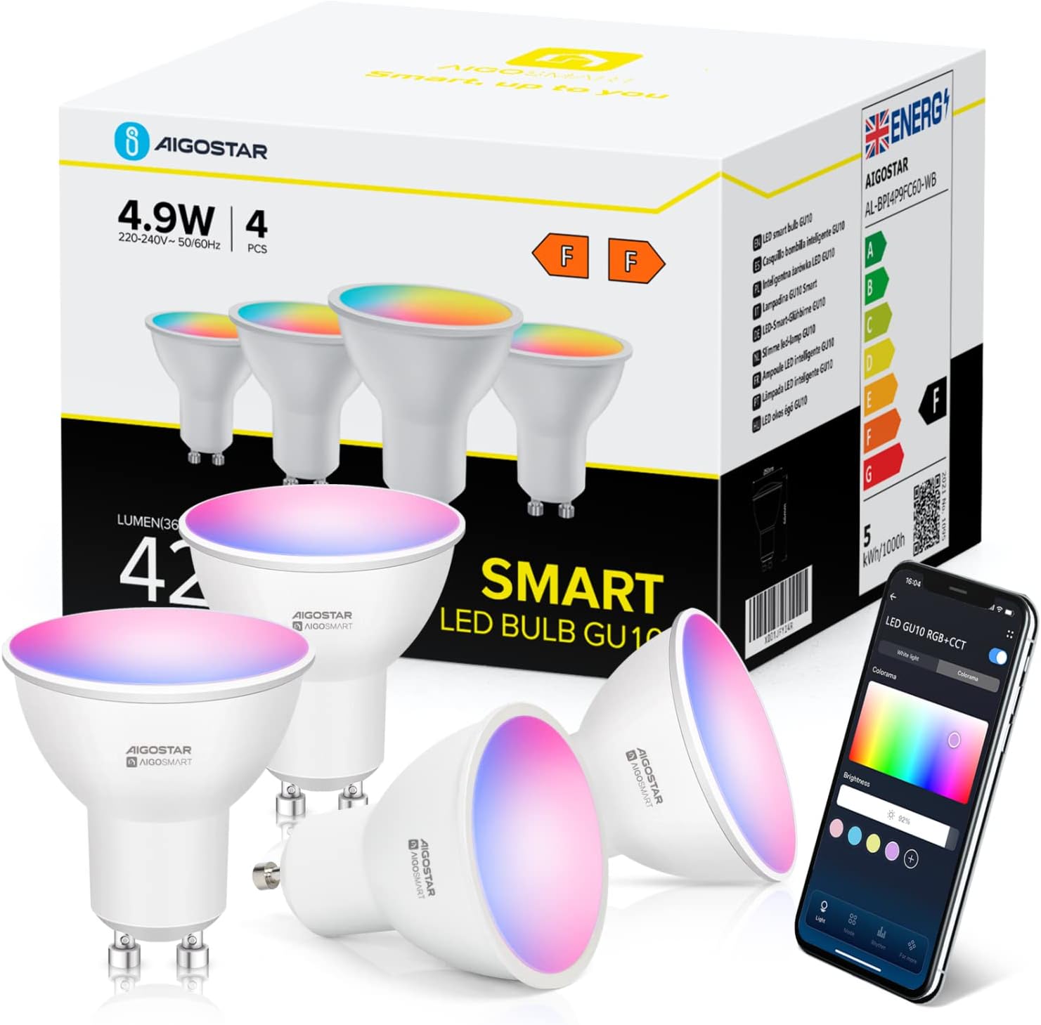 Ampoule Connectée Alexa Gu10 Sl2, 4,9 W, Led Rgbcct Wifi 2700-6500 K, Intensité Réglable, 26 Modes D'Éclairage, Contrôle Via Application, Compatible Alexa/google Home, Aucun Hub Requis, Lot De 4