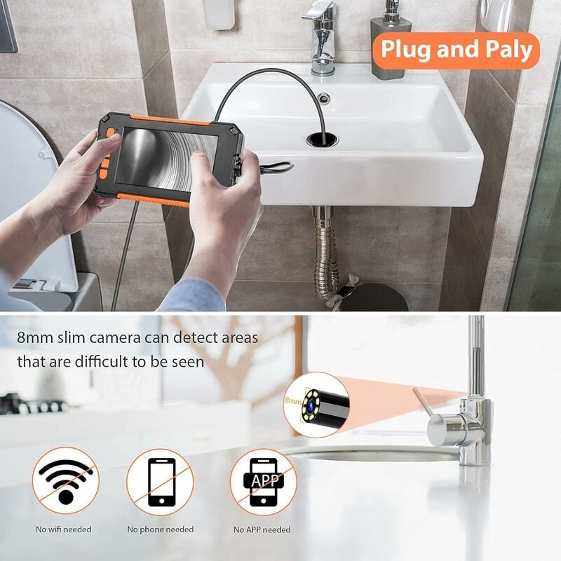 Caméra Endoscope, Caméra Endoscopique 1080p Hd, Caméra D'Inspection Canalisation Écran Lcd 4.3 Pouces, Étanche Ip67 Avec 2600mah, Câble 10m Semi-rigide