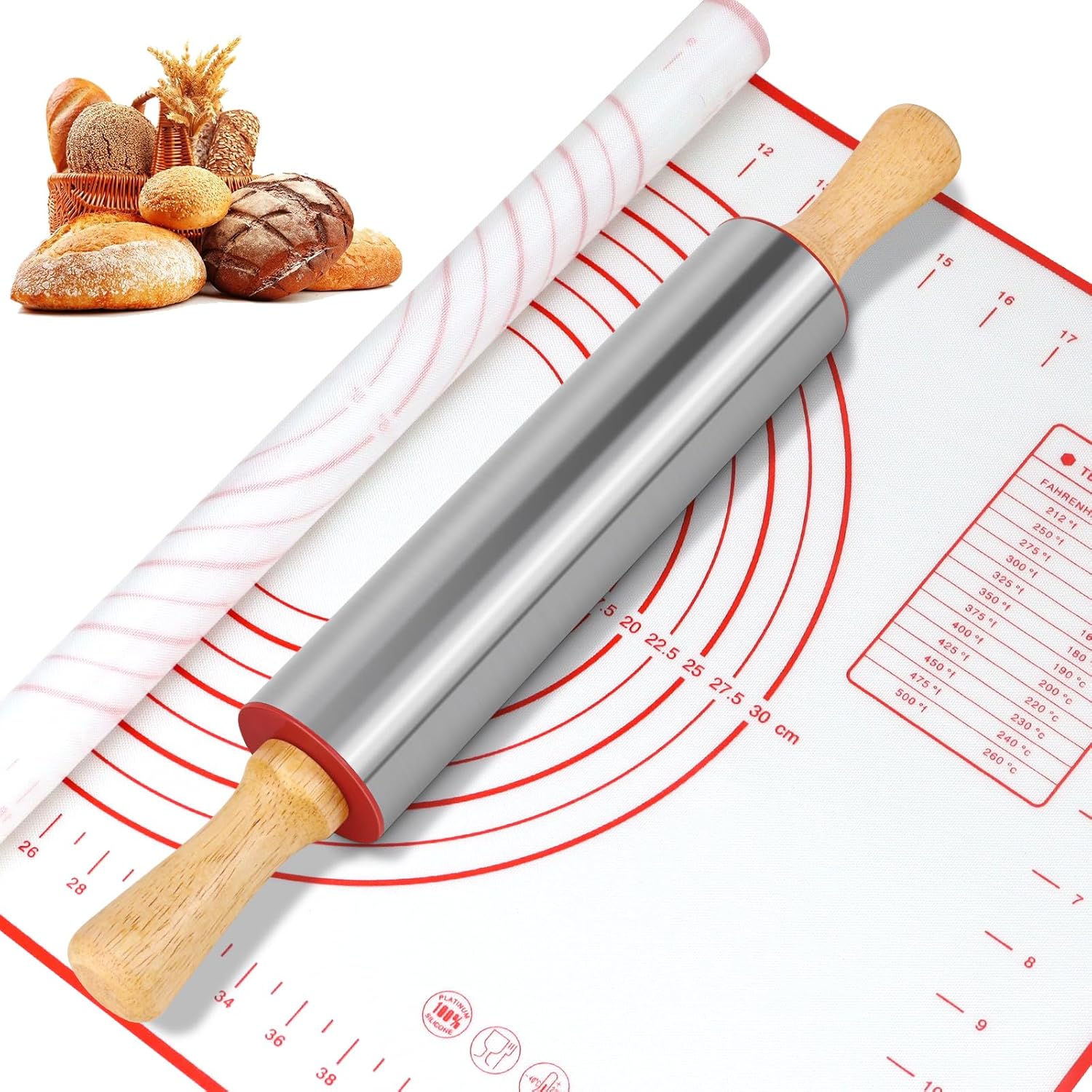 Rouleau À Pâtisserie En Acier Inoxydable + Tapis De Cuisson Gradué En Silicone, Idéal Pour La Préparation De Fondant, De Pizzas, De Gâteaux Et De Pâtes.