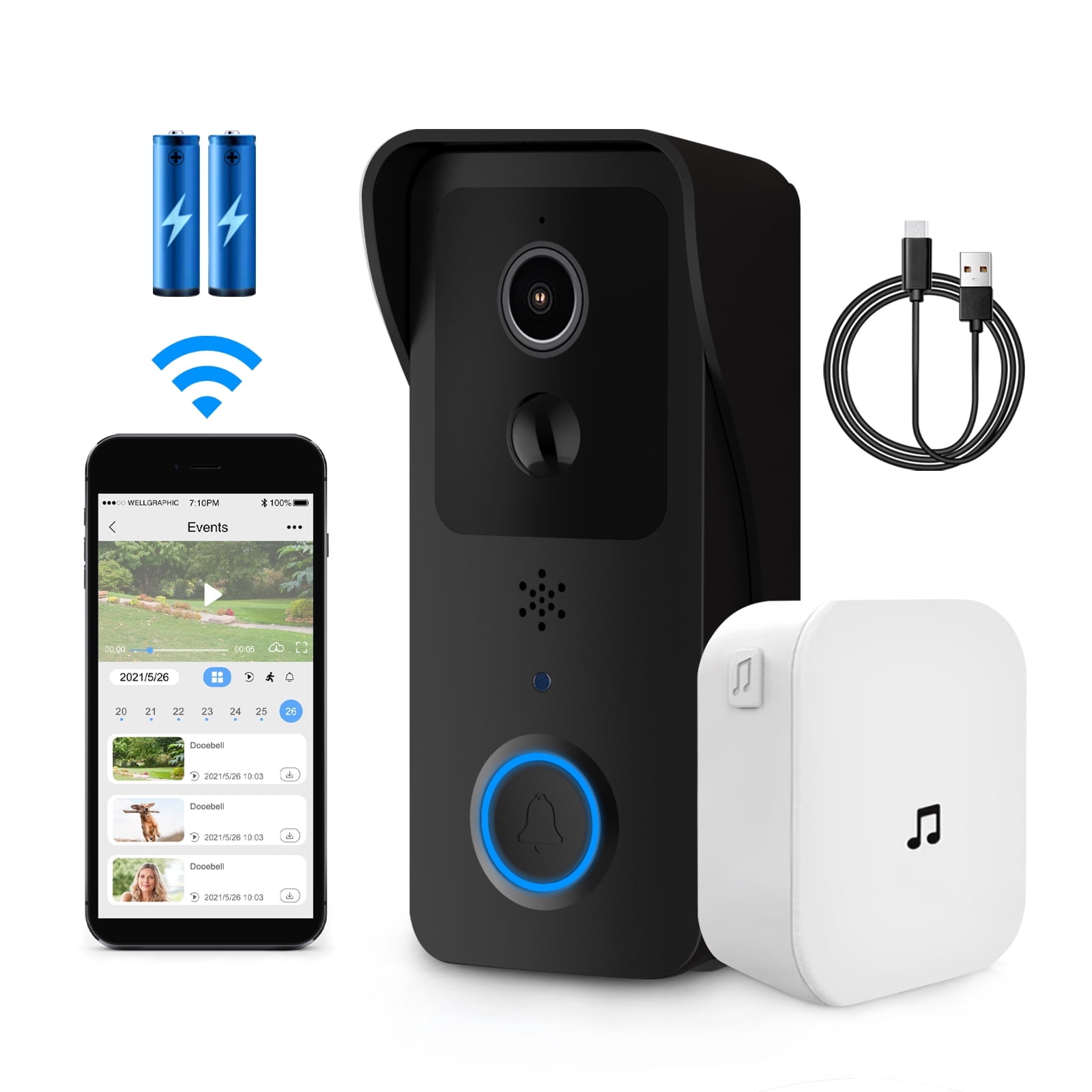 Sonnette Vidéo Sans Fil, Caméra De Sécurité Domestique Intelligente Wifi 5g 1080p Avec Carillon, Noire