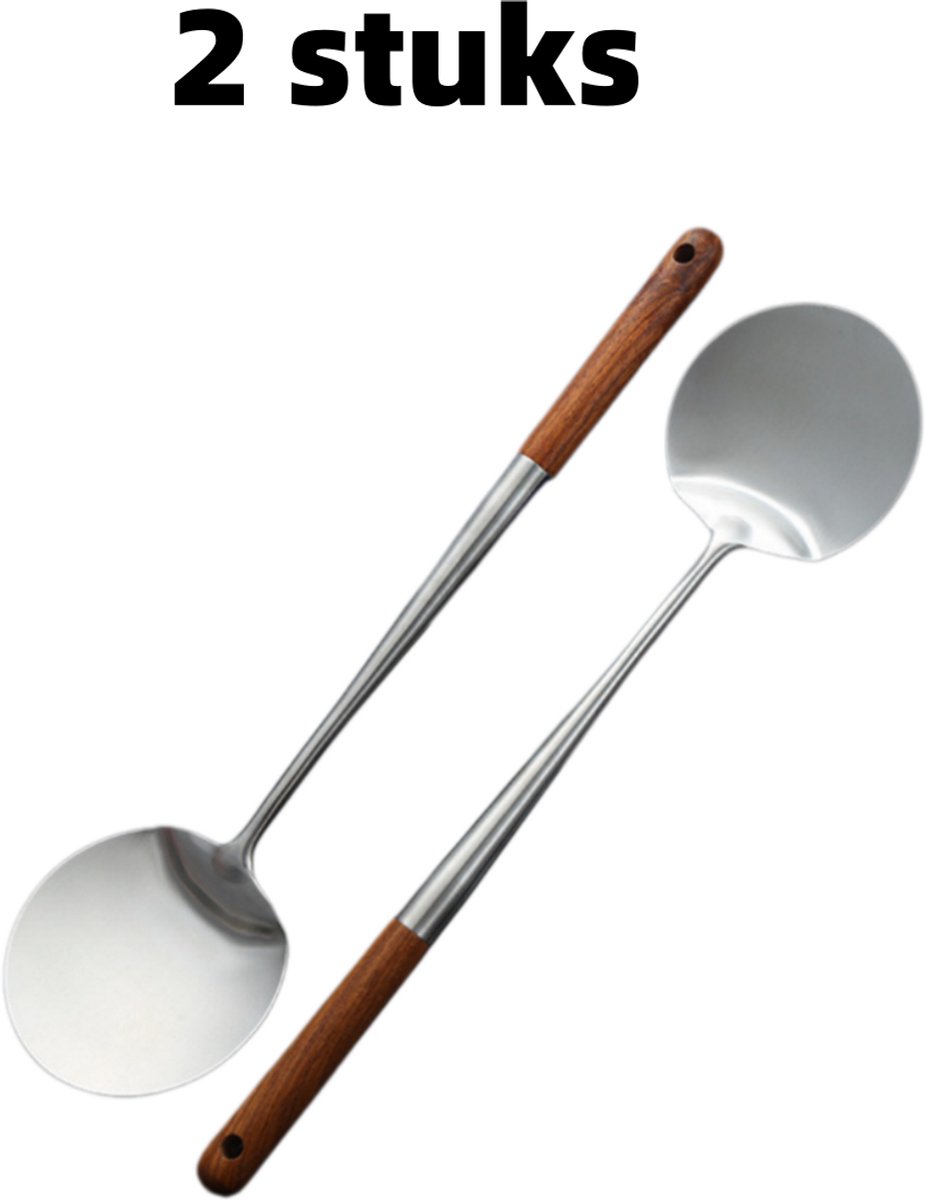2-keukengerei - Delige Wokspatel - Pannenkoekenspatel - Wokspatel Met Lange Steel - Rond En Plat, Roestvrij Staal - Geschikt Als Keukengereedschap - Zilverkleurig