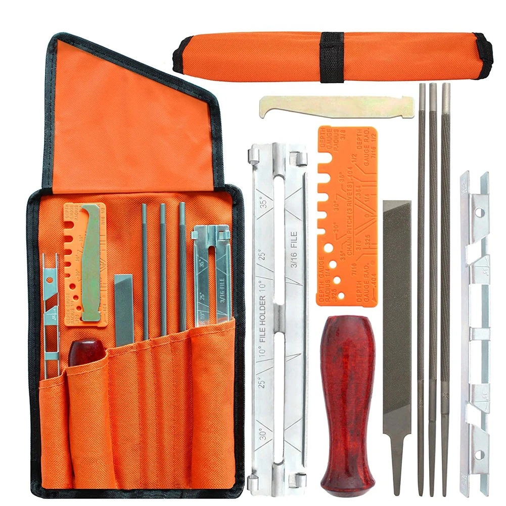 Affûteur De Chaîne Choyclit Pour Tronçonneuse, Kit D'Affûtage Universel Pour Tronçonneuse, Ensemble De Limes Pour Affûter La Chaîne, Manches En Bois, Jauge De Profondeur, Guide De Polissage, Sac À Out