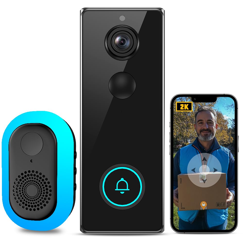 3mp Sonnette Sans Fil Avec Caméra,visiophone Sans Fil De Wifi Intelligente Avec App, Détection De Mouvement, Étanche Ip65, Audio Bidirectionnel, Ultra Grand Angle 180°, Vision Nocturne