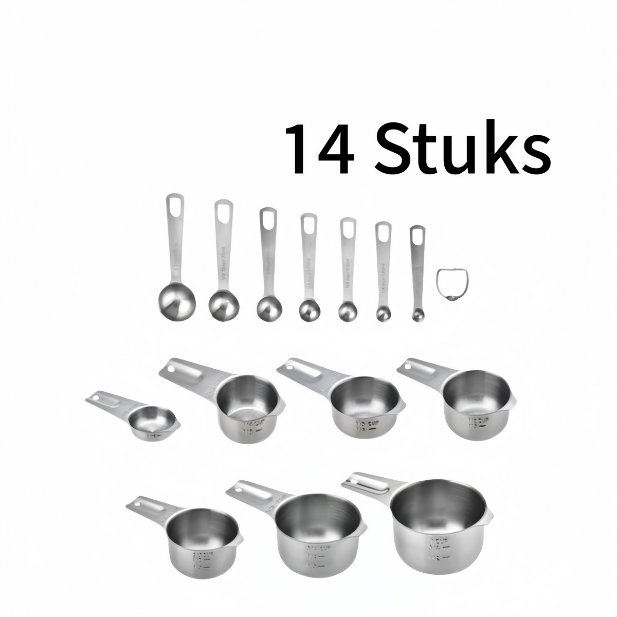 Set Aus 14 Abgestuften Messbechern Und -löffeln Aus Edelstahl Für Mehl Und Zucker, Backutensilien, Kraftkarton, Silberfarbenes Metall.