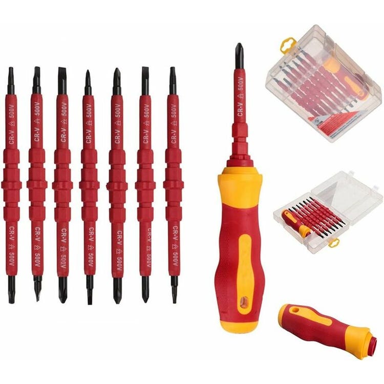 Set Mit 7 Isolierten 500-v-elektrikerschraubendrehern, Integriertem Prüfschraubendreher, Isoliertem Griff, Austauschbaren Magnetischen Bits