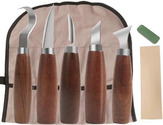 8-teiliges Set Holzschnitzmesser – Hohlbeitel Und Meißel, Ideal Für Anfänger, Holzbearbeiter Und Bildhauer – Massivholzgriff, Naturfarbe – Inklusive Tragetasche Und Schärfset – Silber