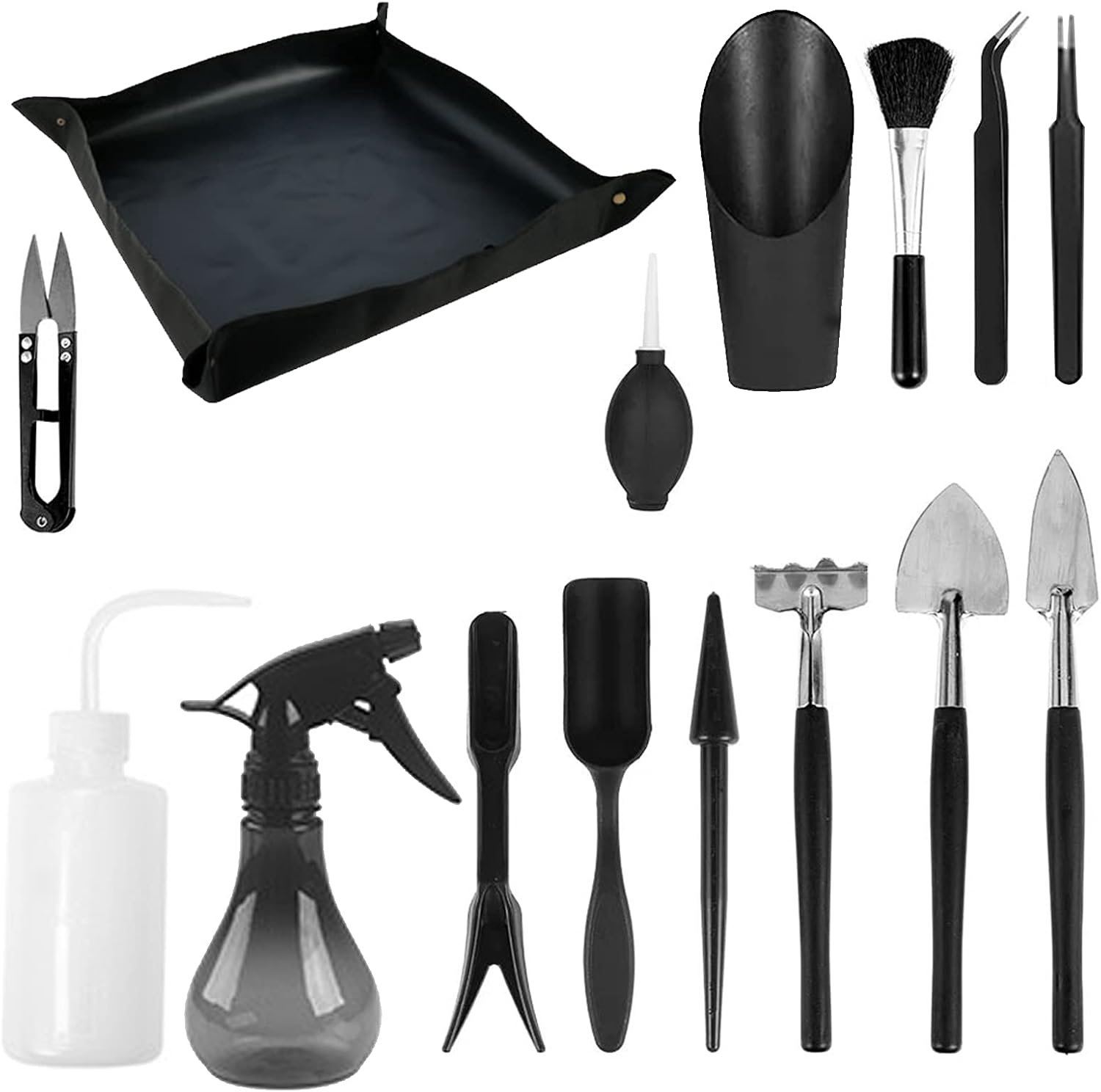 Groofoo Sukkulenten-werkzeugset, 14 Mini-gartenwerkzeuge + 1 Umpflanzmatte, Zimmerpflanzenrechen, Gartenzubehör, Schwarz