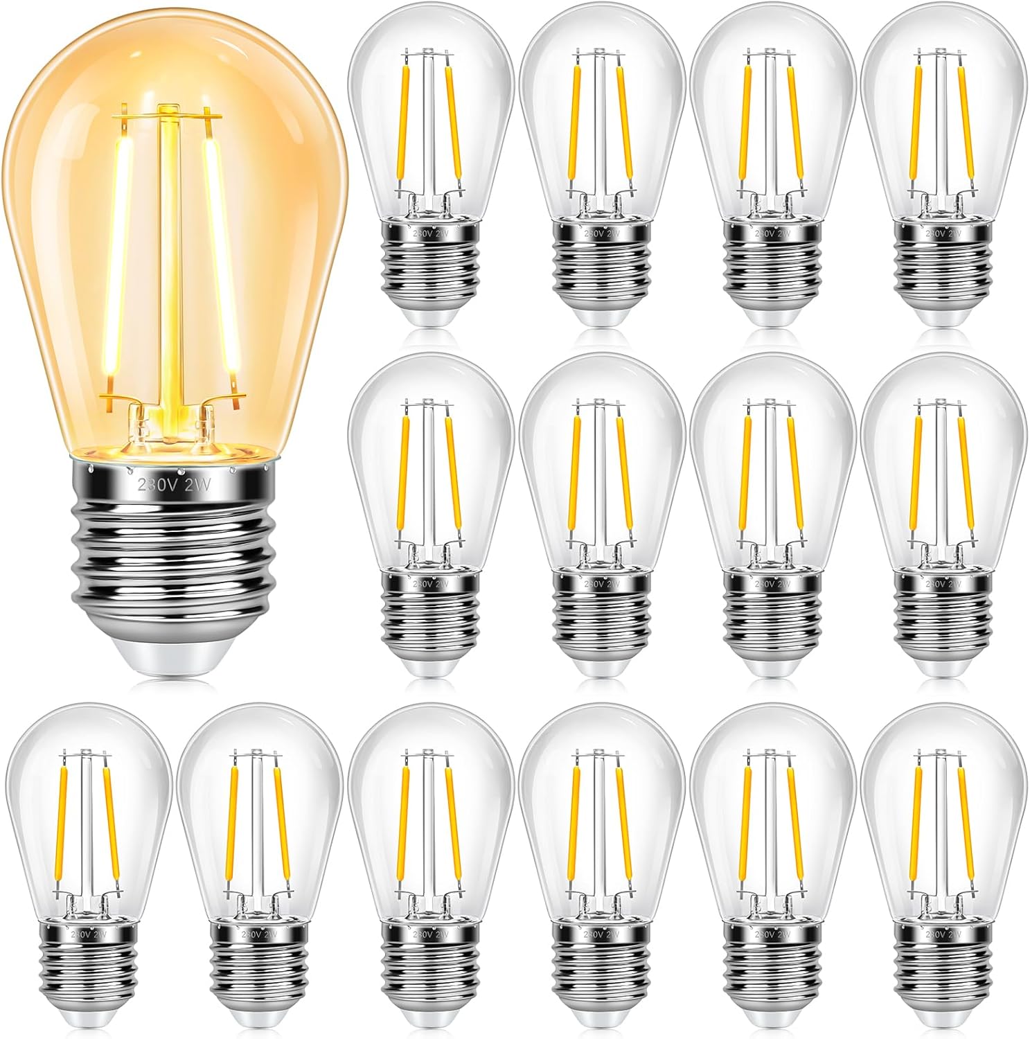 Packung Mit 15 E27 S14 2w Led-lampen, Retro-filament, Entspricht 20w, 2700k Warmes Licht, 160 Lumen, Ip44 Wasserdicht, Ideal Für Lichterketten.