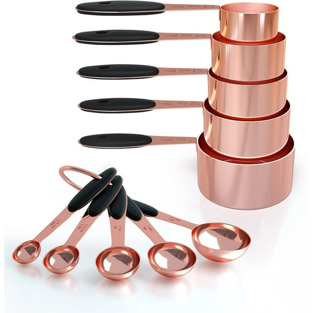 Set Mit 10 Messbechern Aus Kupfer Und Messlöffeln Aus Edelstahl Mit Weichen Silikongriffen Für Trockene Und Flüssige Zutaten, Roségold