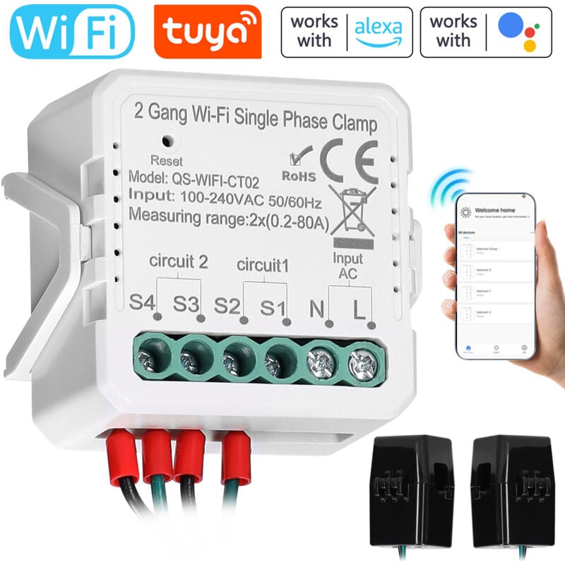 Tuya Wifi Bidirektionaler Energiezähler 2 Stromkreise 80a Einphasig Klemme Solar Pv, Zweiwegemessung, Steuerung Über Mobile App, Stromwandler, Programmierbarer Timer, Hausautomation.