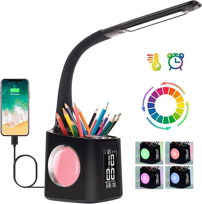 Led-schreibtischlampe Für Kinder, Einstellbare Helligkeit, Wecker, Rgb-mehrfarben-nachtlicht, Stiftablage, Usb-anschluss, 3 Beleuchtungsmodi, Zum Lernen Und Lesen.