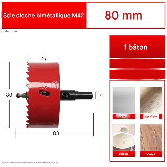 Foret À Carotter Bimétallique (80 Mm), Rouge, Pour Scies Cloches Dans Le Bois Et Le Plastique
