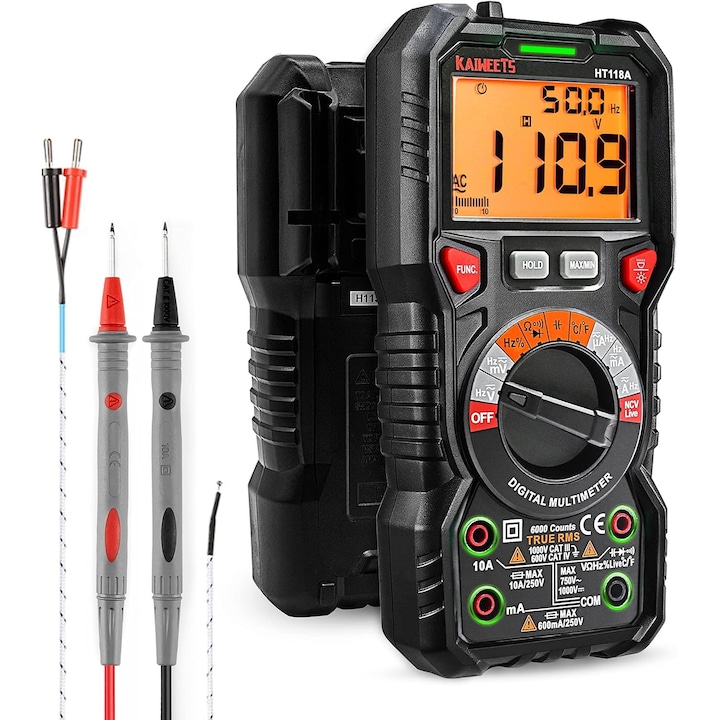 Multimetru Digital Kaiweets Trms 6000 Puncte, Masurare Ac/dc, Temperatura, Capacitate, Set Scule