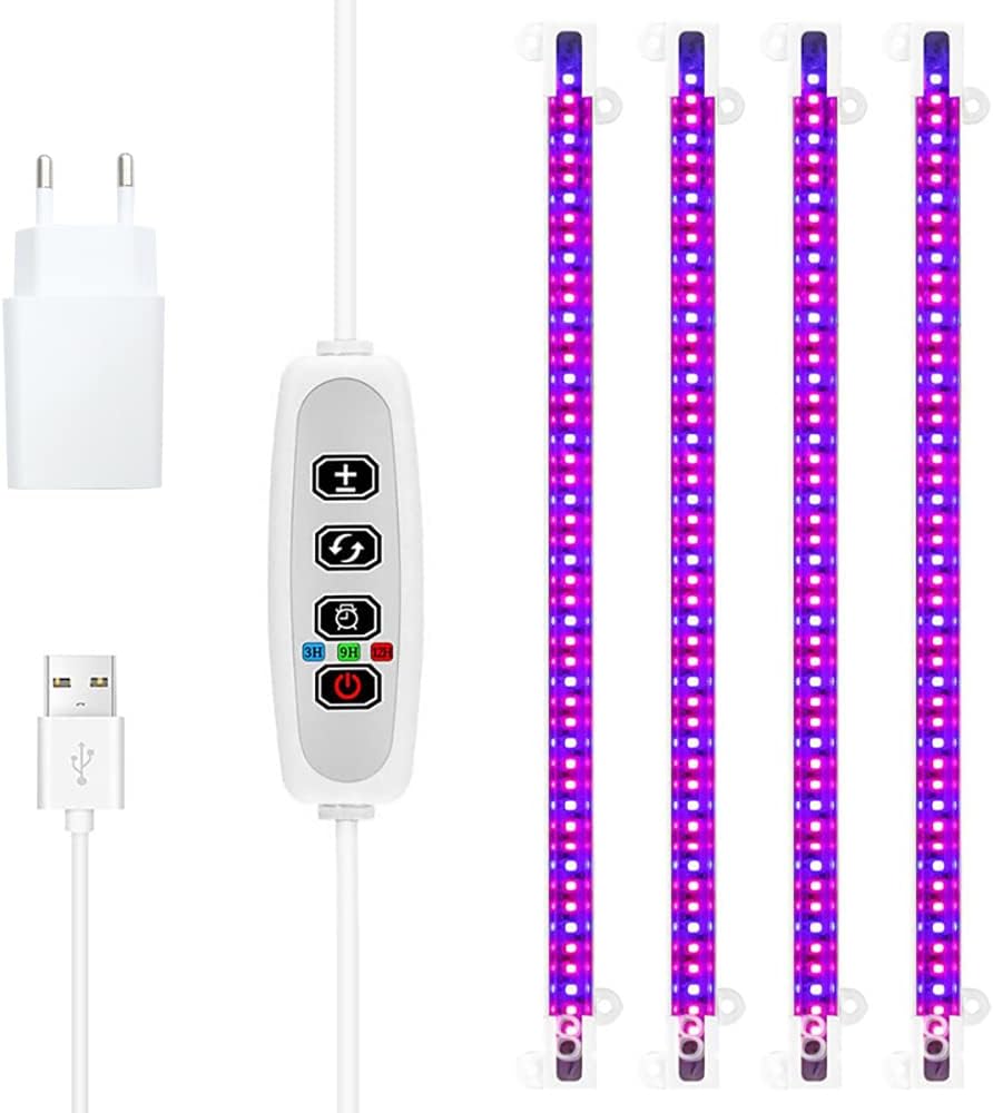 Bande Led De Croissance 430 Nm + 660 Nm - Lumière Rouge Et Bleue - Durée D'Éclairage : 3/9/12 Heures - 4 Modes Marche/arrêt - 4 Tubes