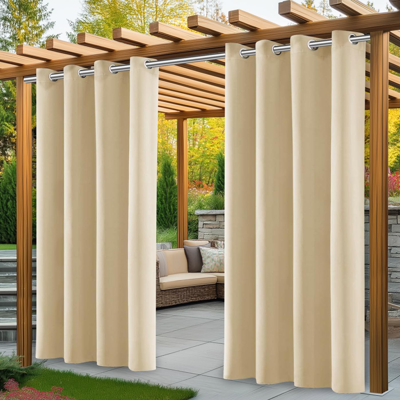 Rideaux D'Extérieur, Lot De 2 Rideaux Imperméables Pour Pergola Avec Œillets En Haut, Table À Manger (140 X 220 Cm, Beige)