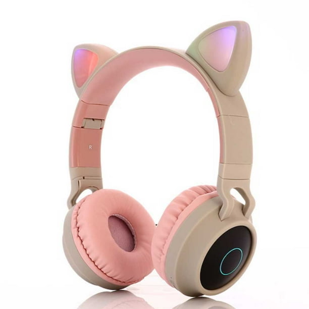 Casque Audio Sans Fil Bluetooth Pour Enfants, Casque Bluetooth Sans Fil/filaire Avec Oreilles De Chat, Casque Supra-auriculaire Lumineux Led Avec Microphone, Beige