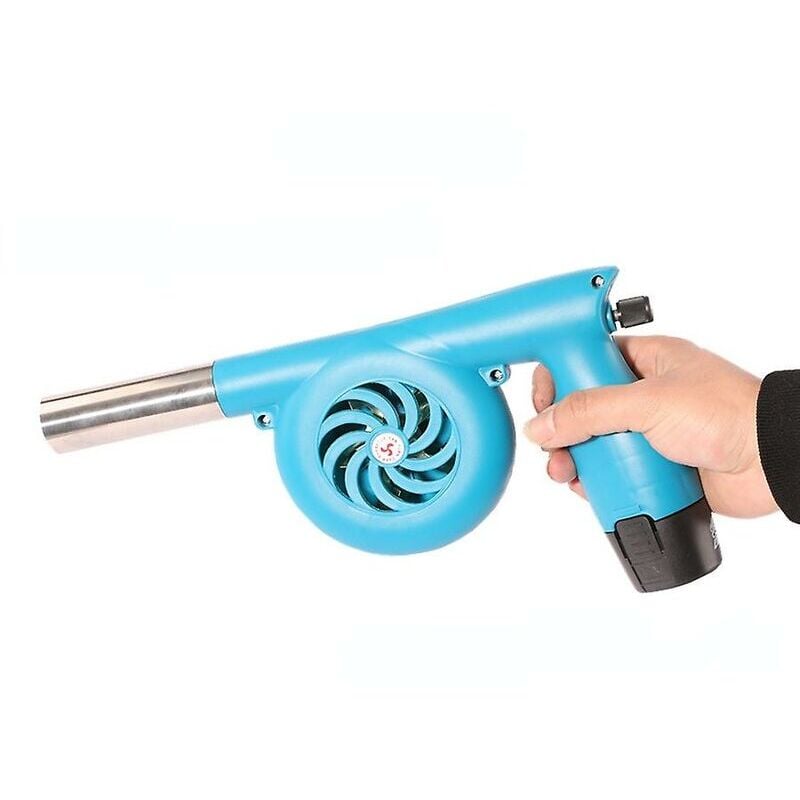 Tragbarer Campinggrill Mit Wiederaufladbarem, Kabellosem Gebläse, Starkem Luftstrom Und Kleinem, Handlichem Blauen Ventilator