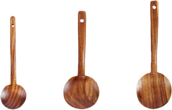 Set Mit 3 Runden Teakholzlöffeln – Küchenutensilien Zum Rühren, Mischen, Servieren Von Suppen Und Kochen Von Brei – Verschiedene Größen (22 X 6 Cm, 25 X 9 Cm, 30 X 9,5 Cm) – Braun
