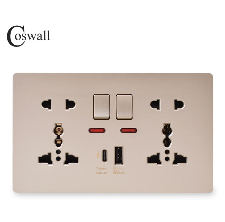 146pc 13a Switched Socket With Outboard Rockers And Dual Usb (a+c) 5v,multifunctional 5-hole Fast Charging Socket,gold