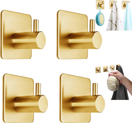 Lot De 4 Crochets Autocollants Sans Perçage - Crochets Porte-serviettes En Acier Inoxydable - Crochet Autocollant Individuel Sans Perçage - Porte-torchons Pour Cuisine Et Salle De Bain - Doré