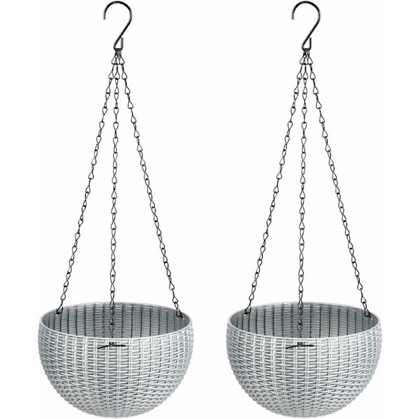 Set Aus 2 Mittelgroßen Silbergrauen Hydrokultur-hängekörben In Rattan-imitation, Für Vertikale Gärten Oder Balkone.